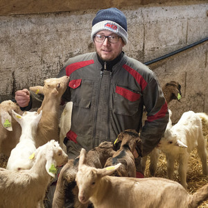 Un éleveur à genou entouré de chevreaux.